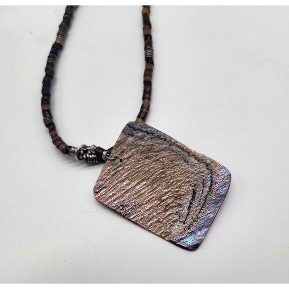 Shell Heishi Beaded Necklace with Rectangle Abalone Pendant 925 Clasp Beachy - Picture 6 of 10